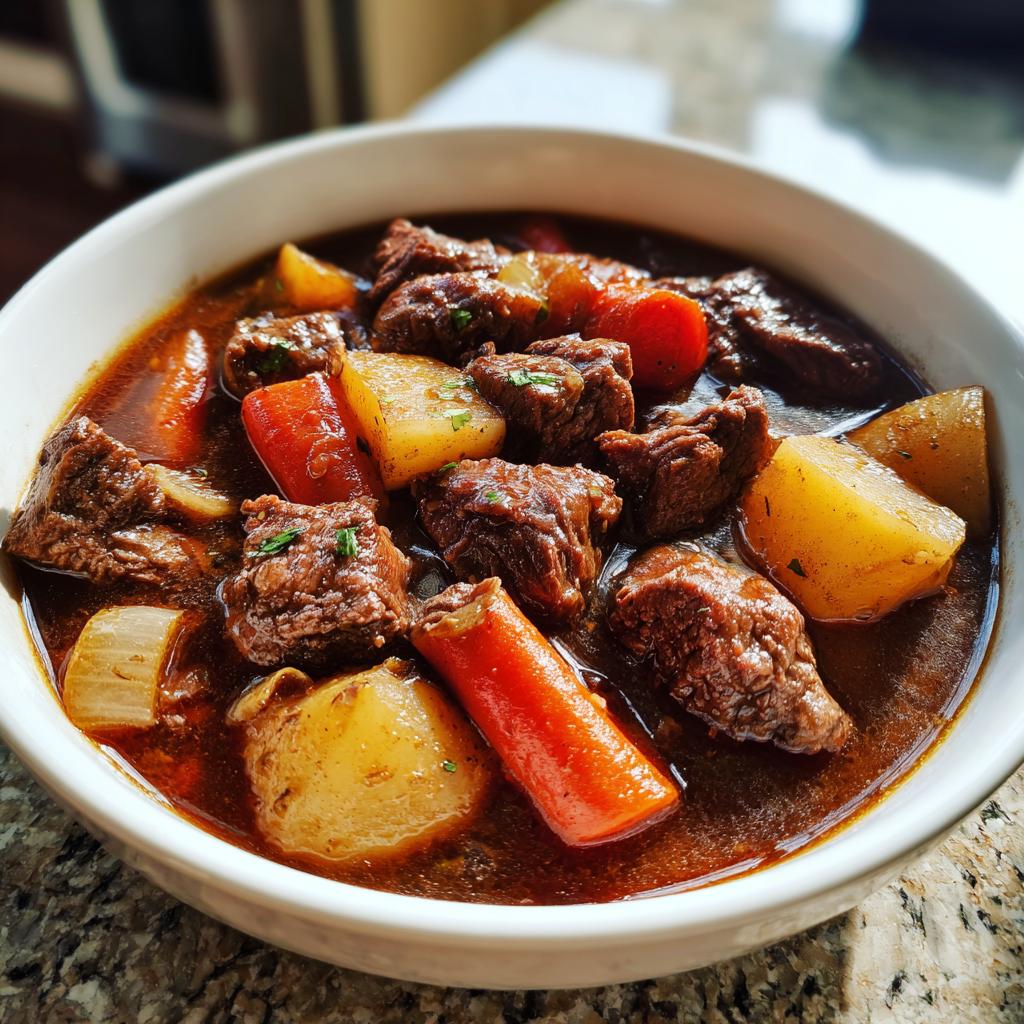 Tazón de estofado con carne, zanahorias y papas, ideal para recetas de crockpot invierno