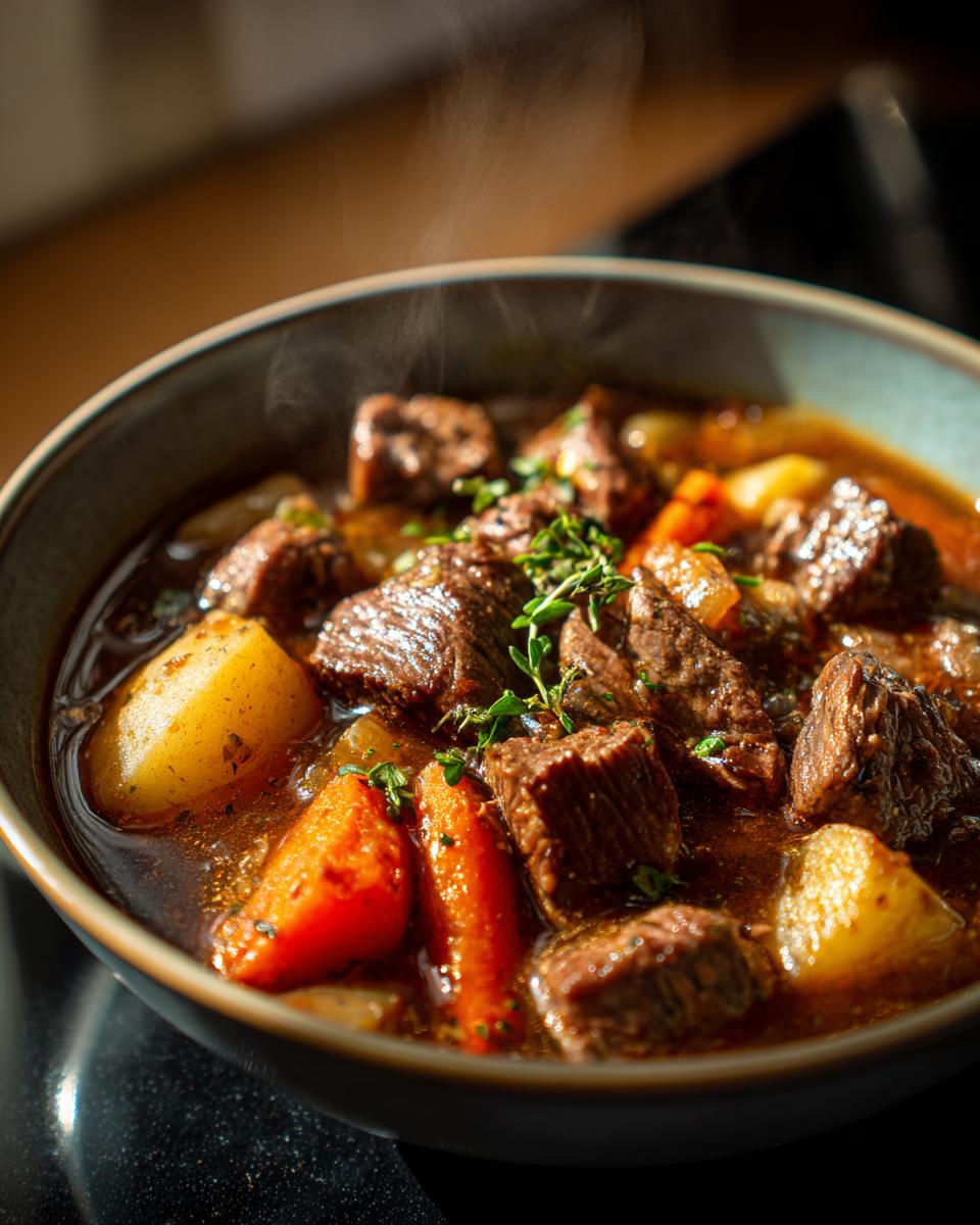 Estofado casero con carne, zanahorias y papas, servido caliente en un tazón
