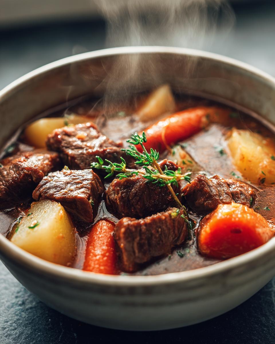 Plato humeante de estofado con carne, zanahorias y papas, receta de olla lenta fáciles