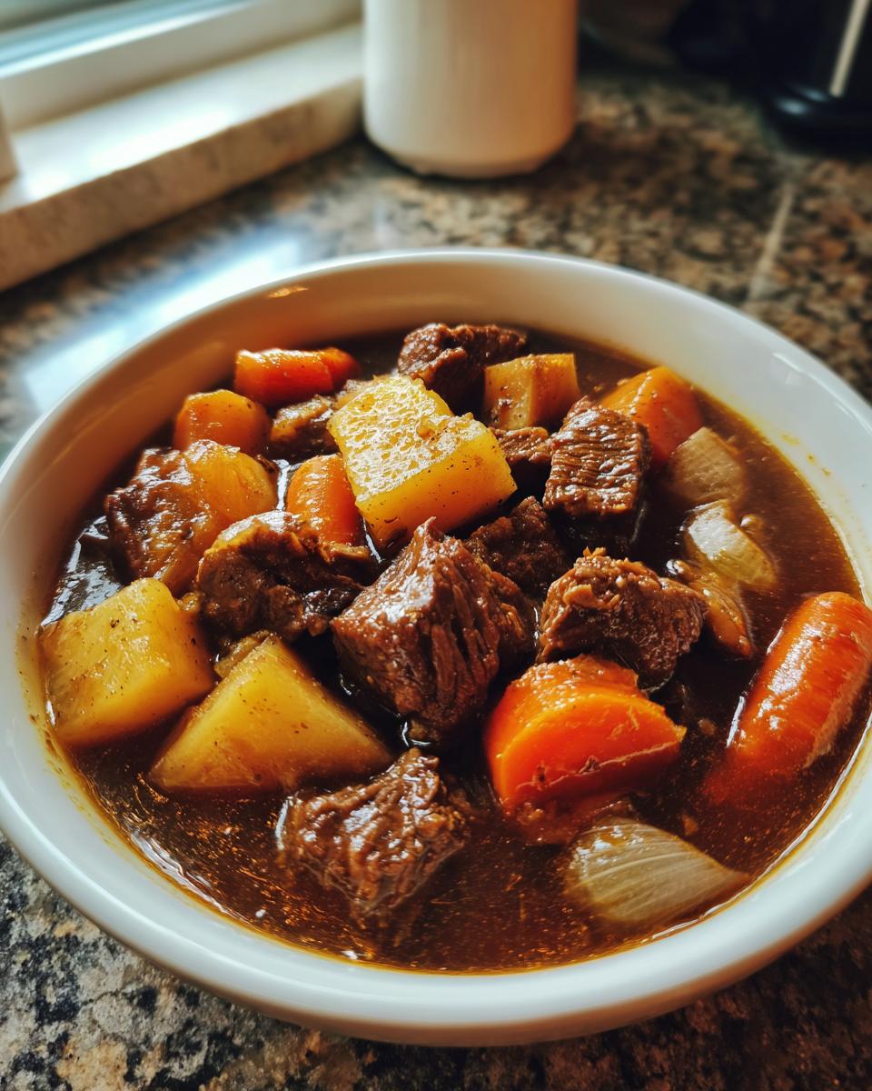 Bowl con estofado de carne y verduras en salsa, ideal para recetas de crockpot invierno
