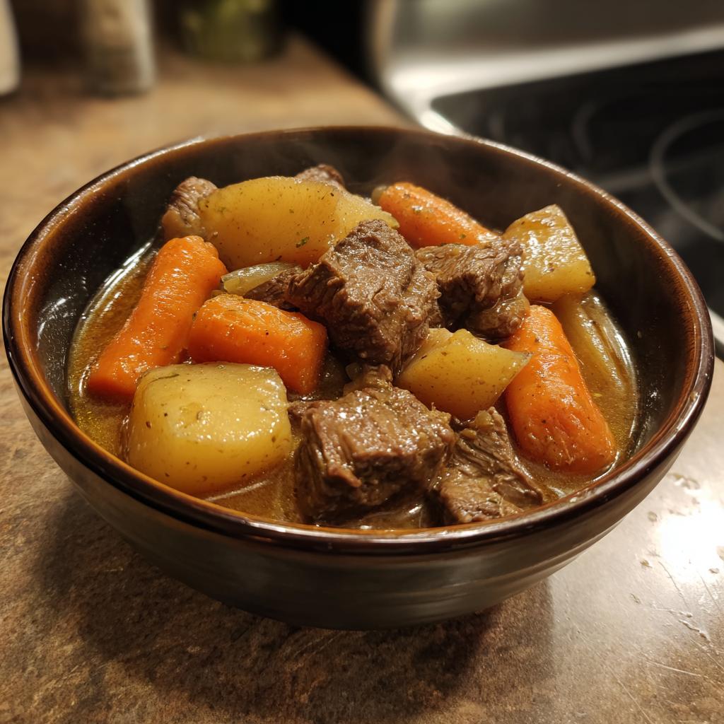 Bowl con estofado de carne, zanahorias y papas, ideal para recetas de olla lenta fáciles