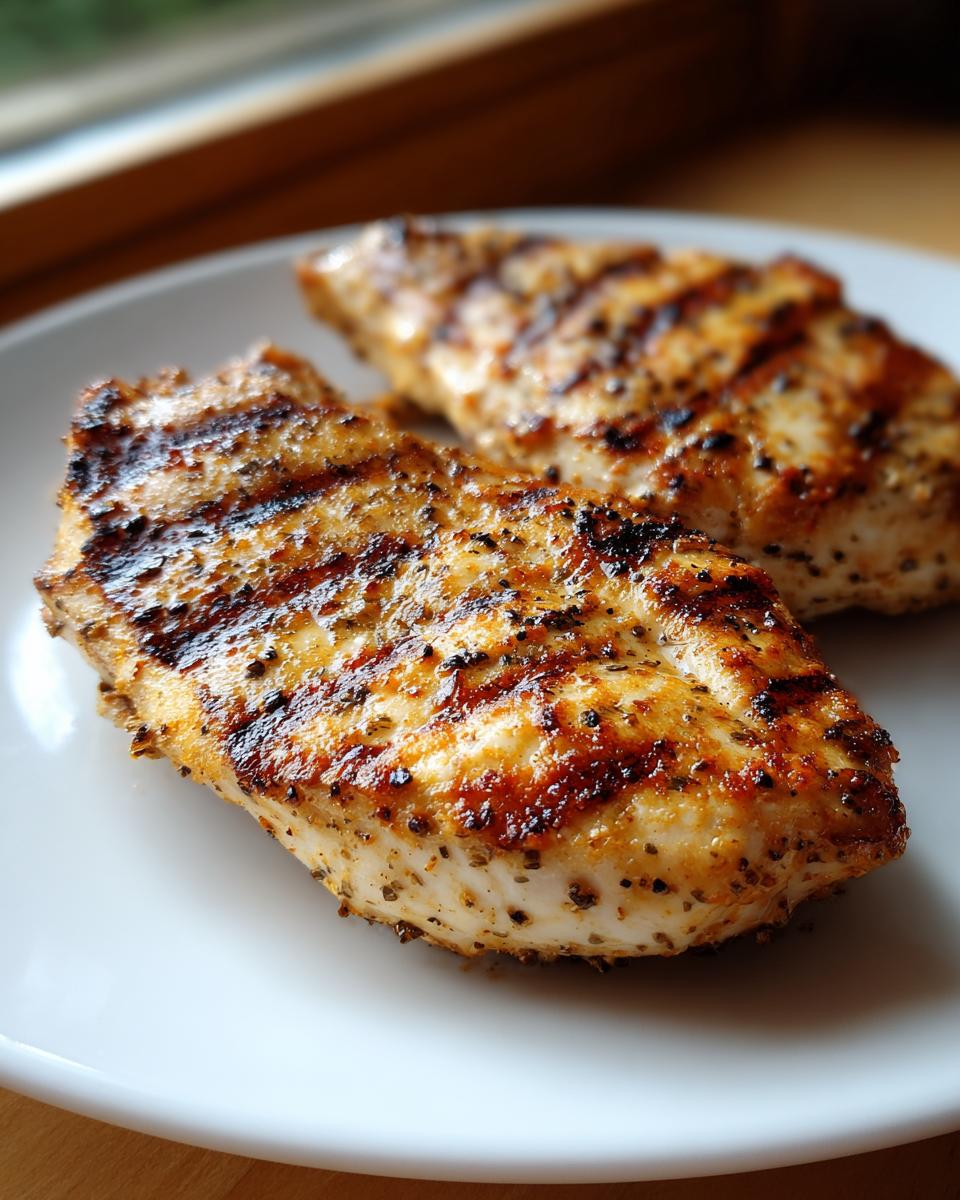 Dos filetes de pollo a la plancha bien dorados con marcas de la parrilla en un plato blanco.