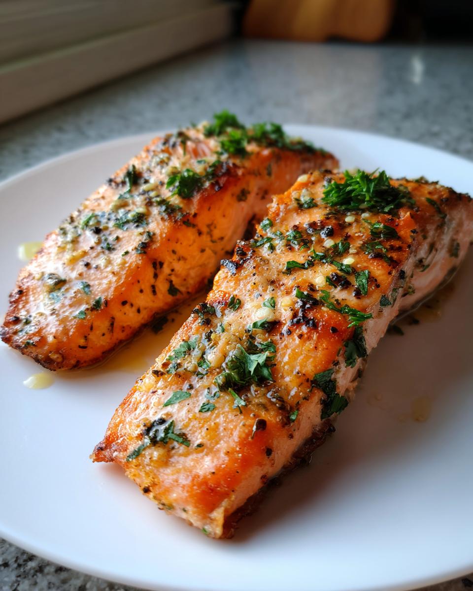 Dos filetes de salmón al horno con hierbas verdes sobre un plato blanco