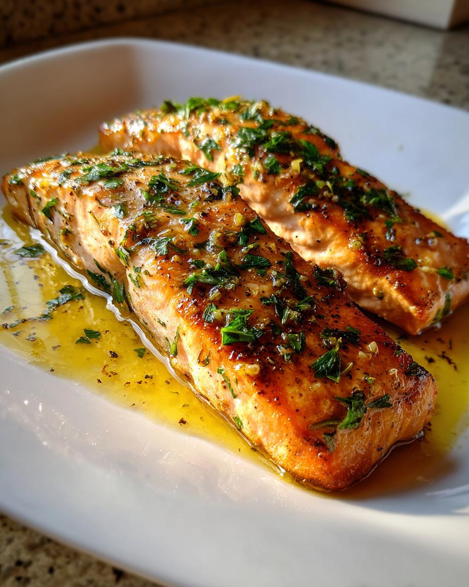 Dos filetes de salmón al horno con hierbas frescas y aceite en plato blanco.