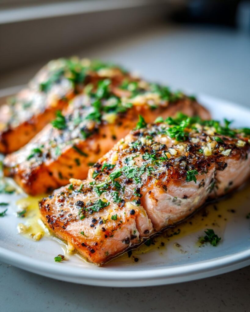 Filetes de salmón al horno con hierbas frescas y ajo sobre un plato blanco.