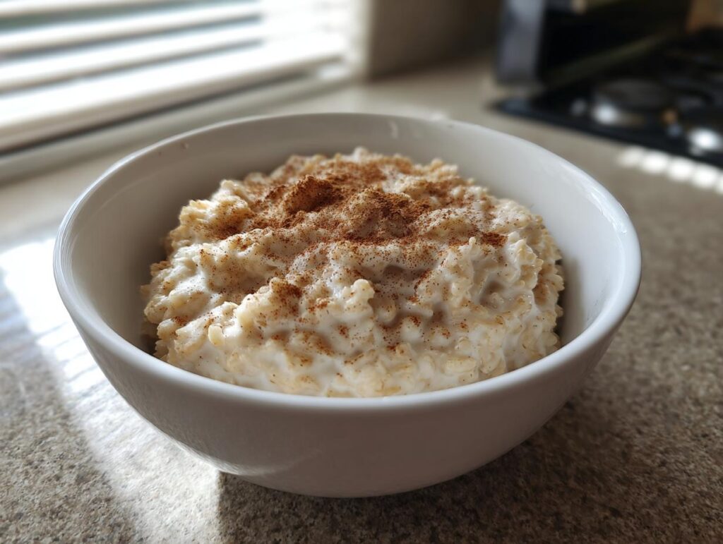 Bol blanco con gachas de avena cremosas espolvoreadas con canela sobre mesa de cocina