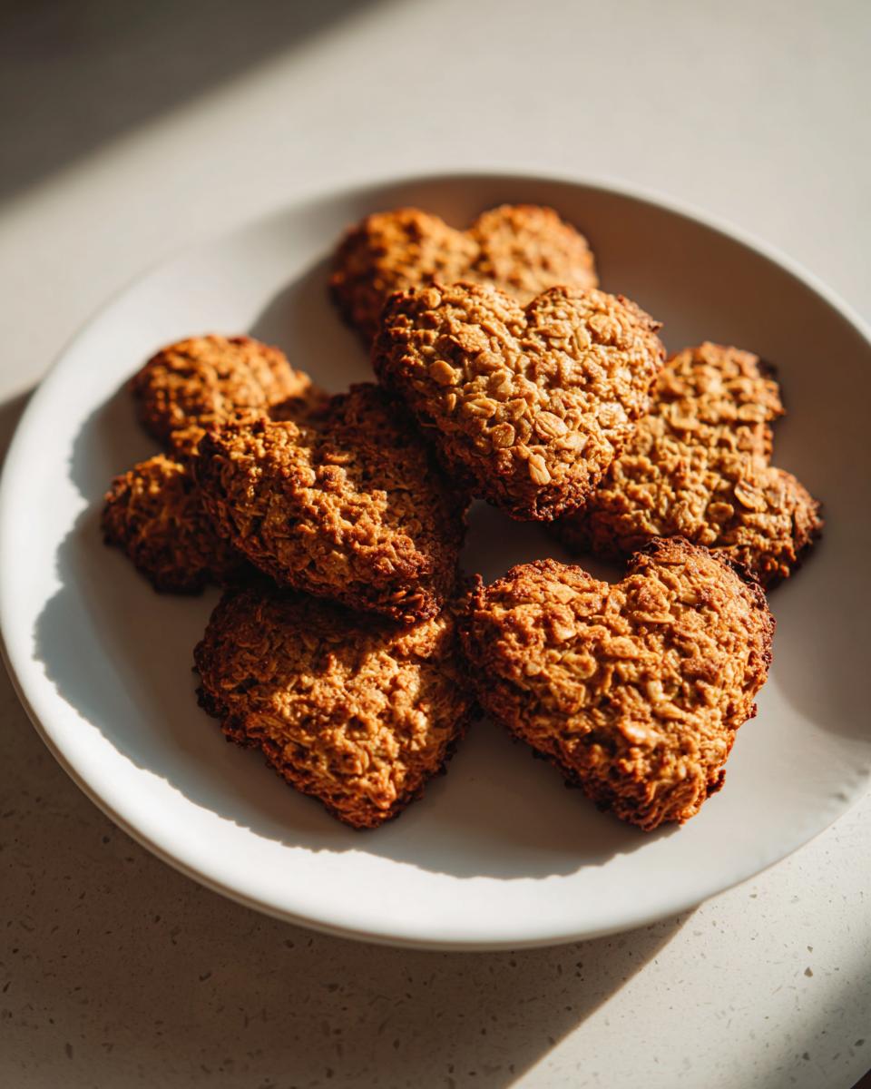 Galletas de avena en forma de corazón en un plato blanco, receta sin azúcar para san valentín.