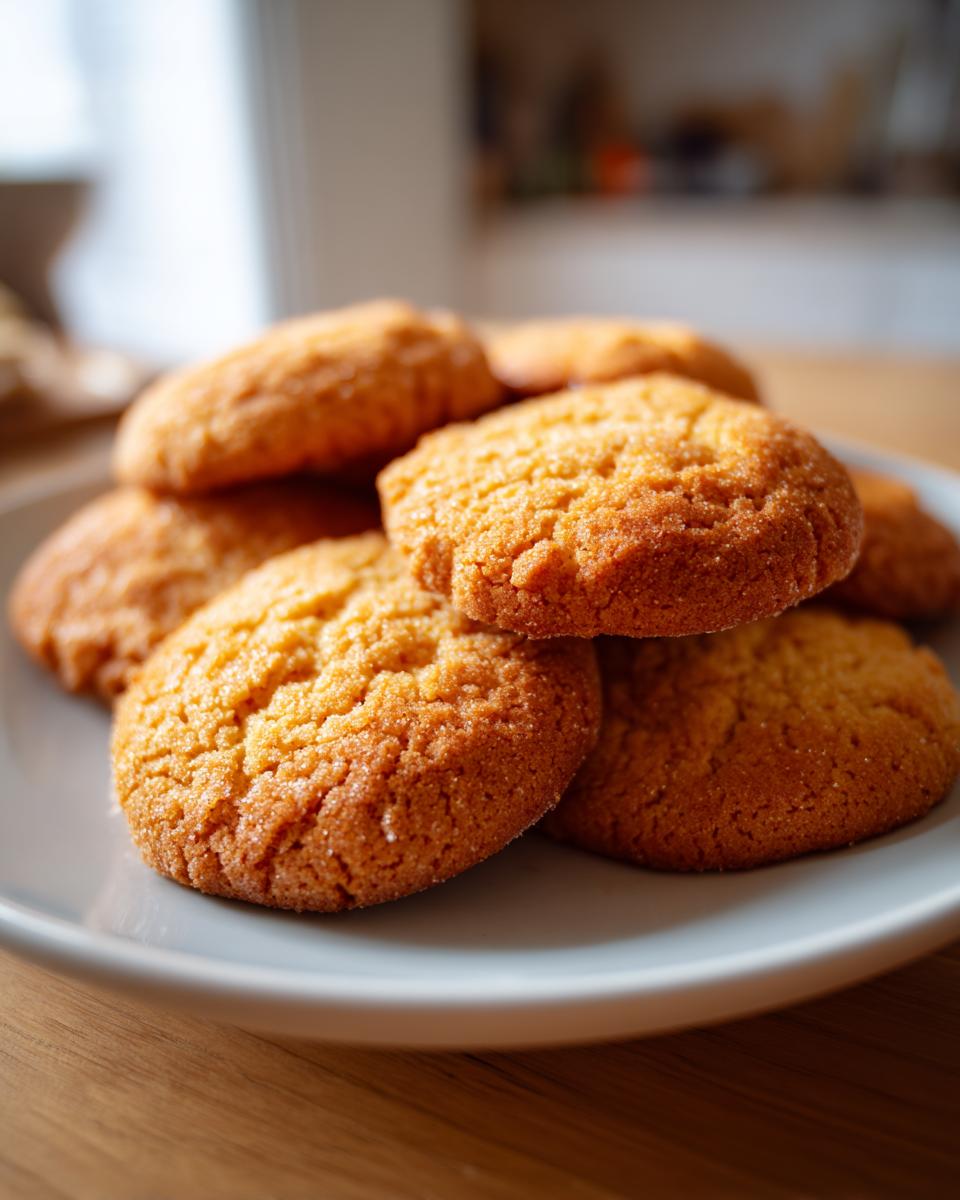 Plato con galletas caseras doradas y crujientes apiladas.