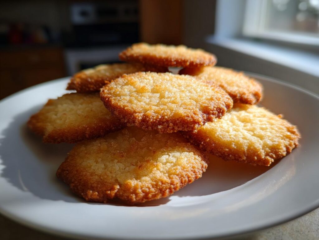 Galletas caseras doradas en un plato blanco en una cocina iluminada por luz natural, recetas dulces para regalar