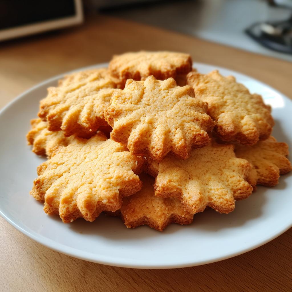 Plato con galletas caseras doradas en forma de estrella sobre mesa de madera, receta dulces para regalar