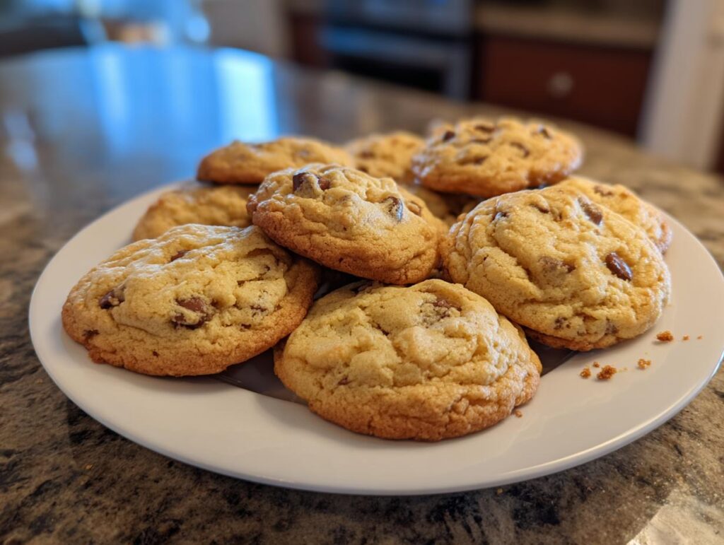 Plato blanco con galletas caseras fáciles de chispas de chocolate sobre mesa de granito