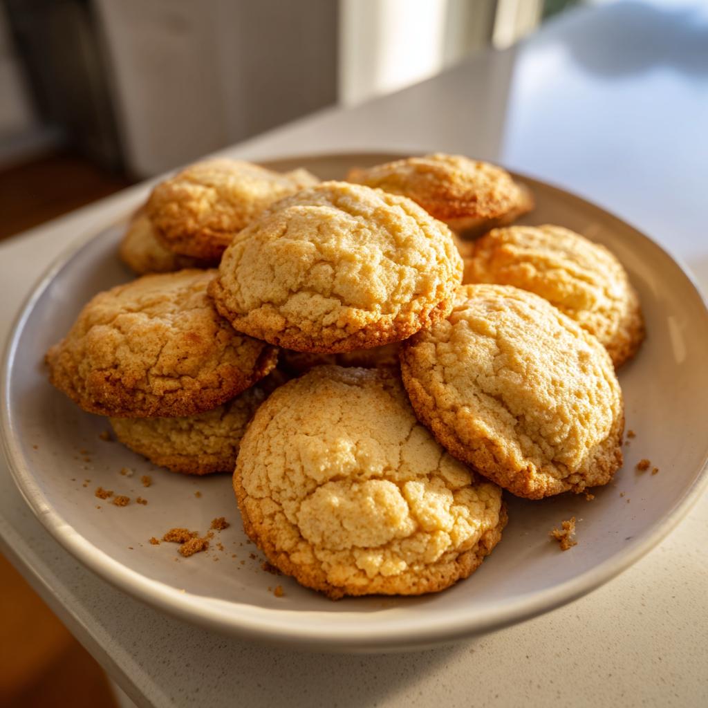 Galletas caseras fáciles doradas apiladas en un plato beige sobre una mesa blanca