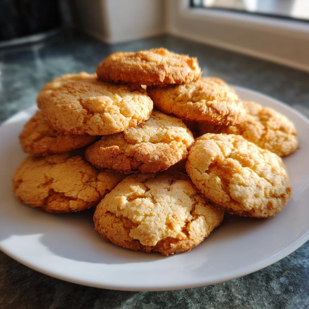 Montón de galletas caseras doradas en un plato blanco sobre mesa