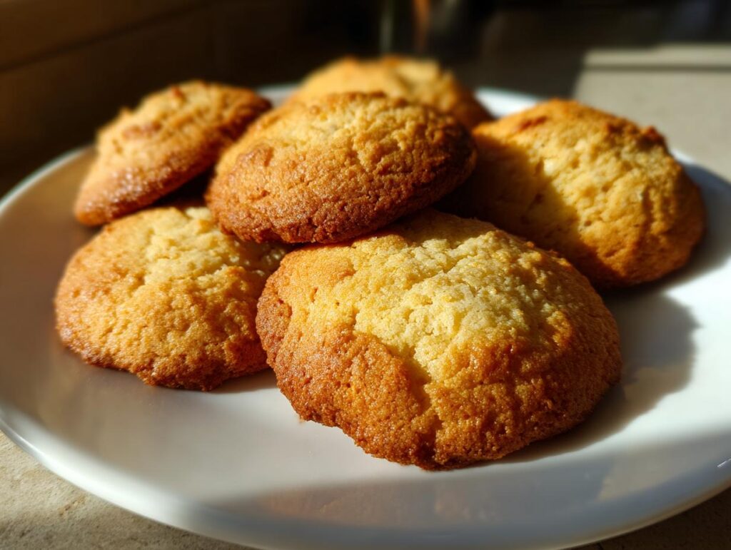 Primer plano de galletas caseras doradas y crujientes en un plato blanco.