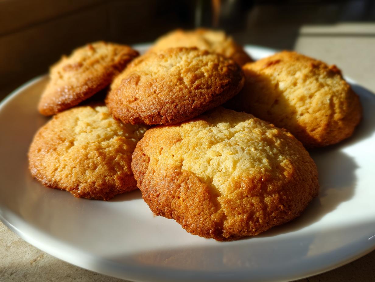 Primer plano de galletas caseras doradas y crujientes en un plato blanco.