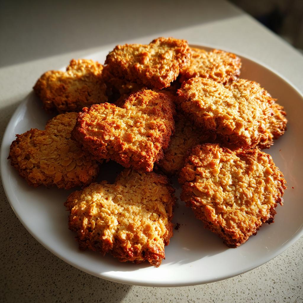 Plato con galletas caseras doradas sin azúcar para San Valentín, en forma de corazón y redondas.