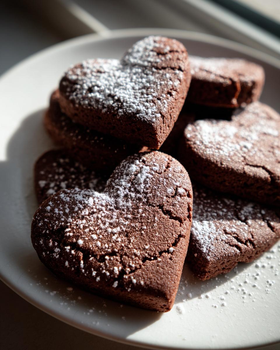 Galletas de chocolate en forma de corazón espolvoreadas con azúcar glas sobre un plato blanco