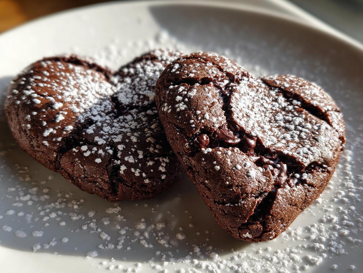 Galletas de chocolate con forma de corazón espolvoreadas con azúcar glas en un plato blanco, recetas con chocolate para san valentín