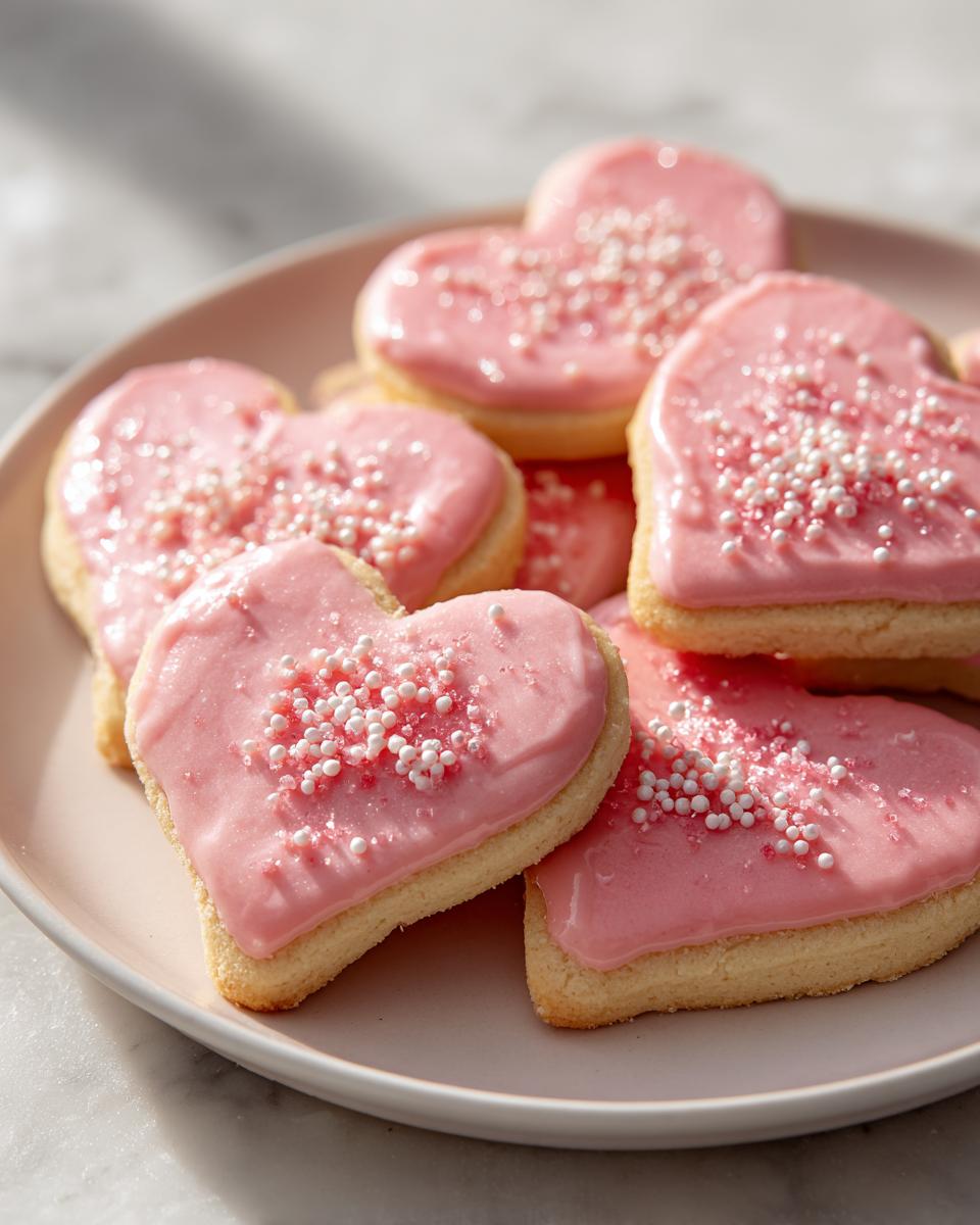 Galletas de corazón con glaseado rosa y decoradas con perlitas blancas en plato para San Valentín