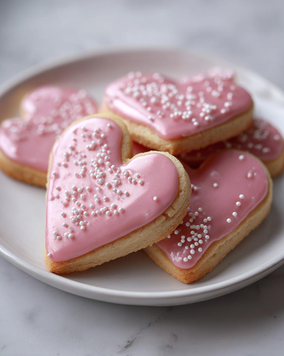 Galletas con forma de corazón cubiertas con glaseado rosa y decoradas con bolitas blancas.