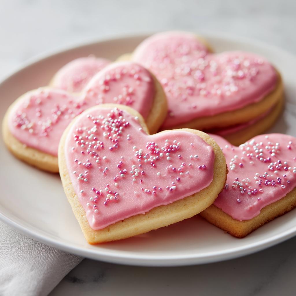 Galletas de corazón decoradas con glaseado rosa y pequeñas bolitas de azúcar en un plato blanco.
