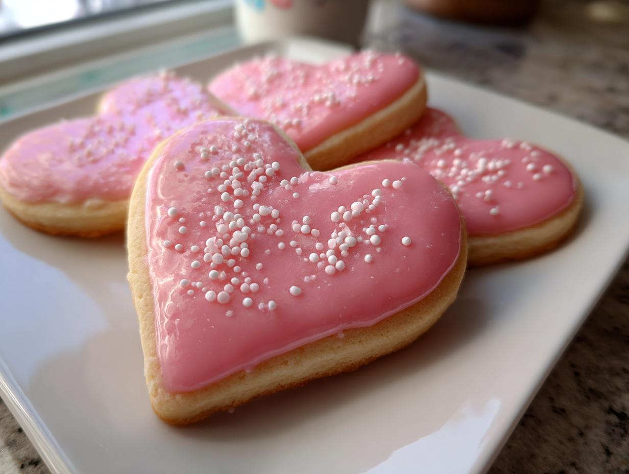 Galletas en forma de corazón con glaseado rosa y sprinkles blancas, para recetas de galletas san valentín