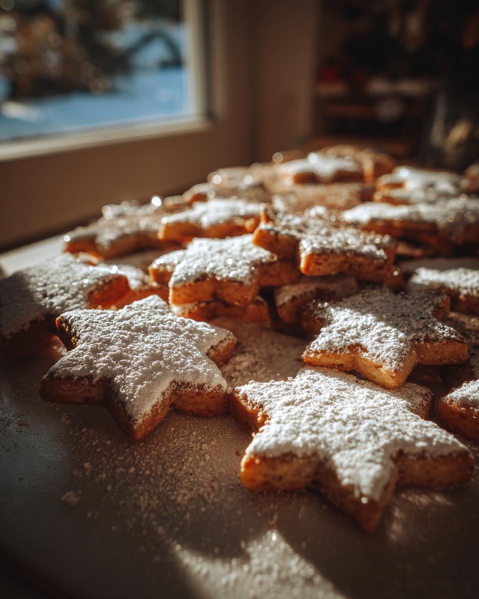 Galletas en forma de estrella espolvoreadas con azúcar glas en una mesa iluminada por la luz natural, recetas de navidad económicas.
