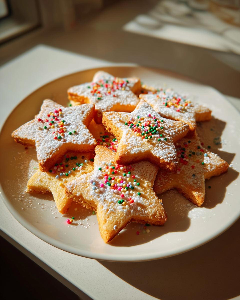 Galletas de estrella decoradas con azúcar glas y chispas de colores en un plato blanco.