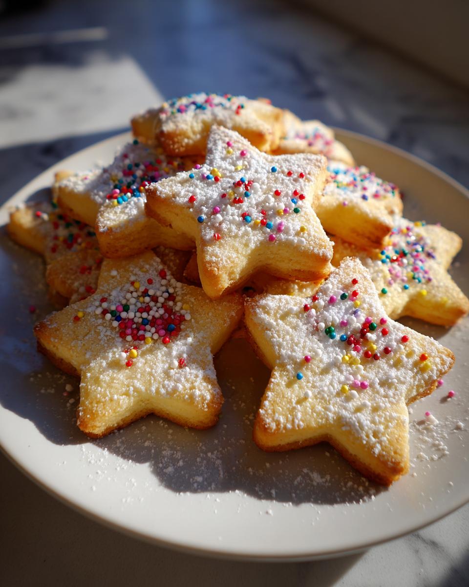 Plato con galletas en forma de estrella cubiertas de azúcar glas y sprinkles de colores, recetas de navidad fáciles