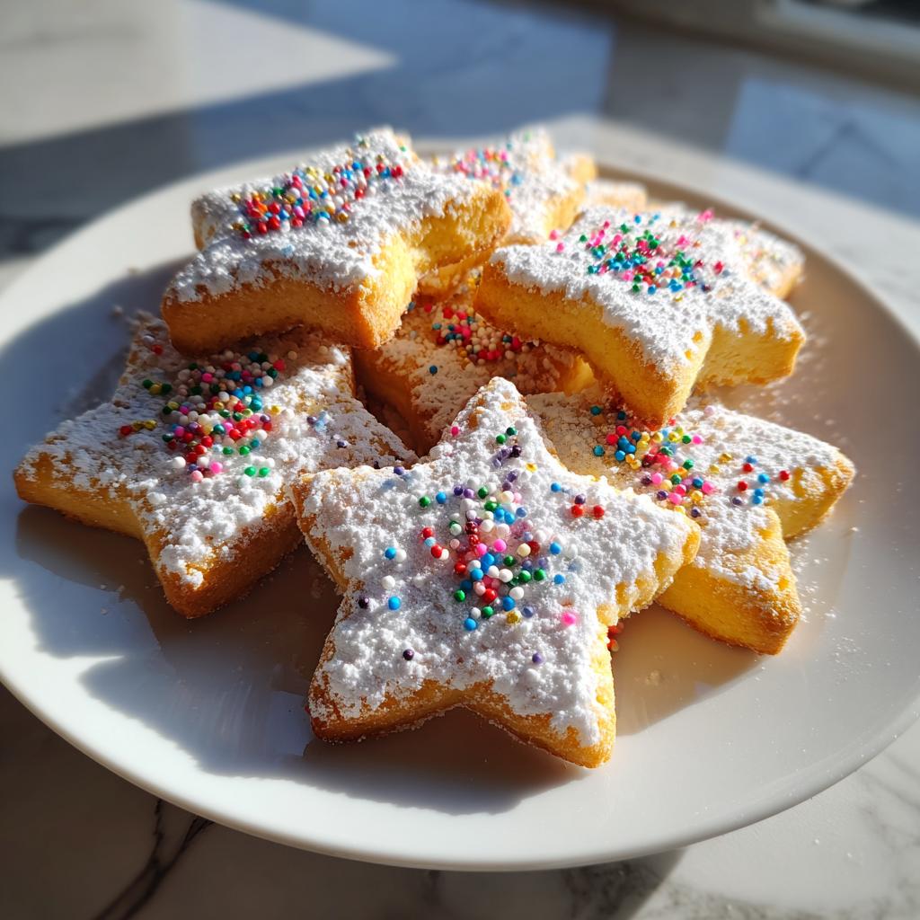 Galletas en forma de estrella con azúcar glas y decoradas con bolas de colores en un plato blanco.