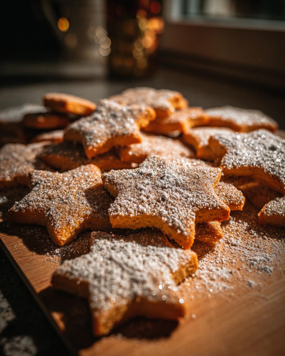Galletas de estrella caseras espolvoreadas con azúcar en polvo, ideales para recetas de navidad económicas.