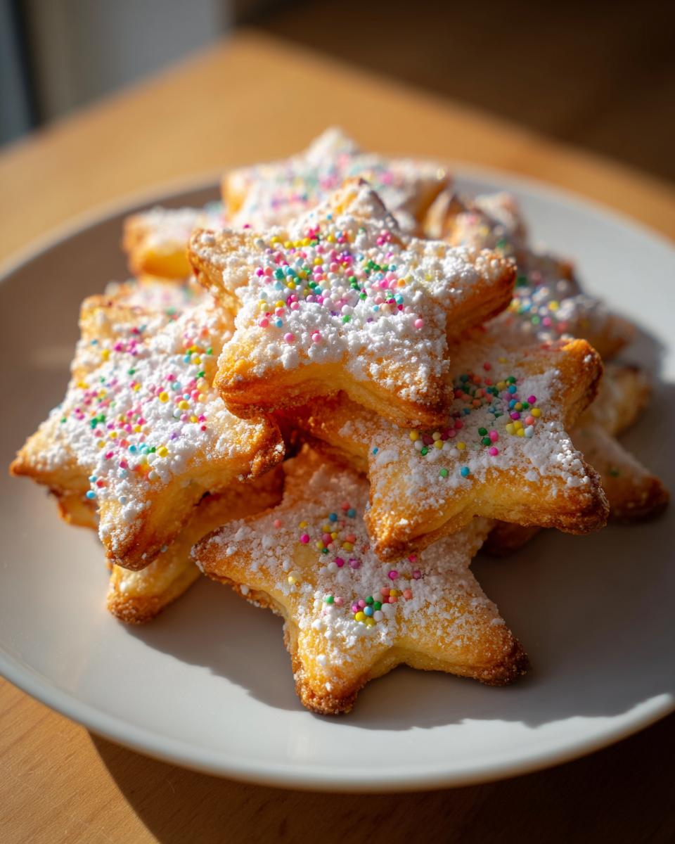 Galletas de Navidad en forma de estrella cubiertas con azúcar glas y confites de colores en un plato.