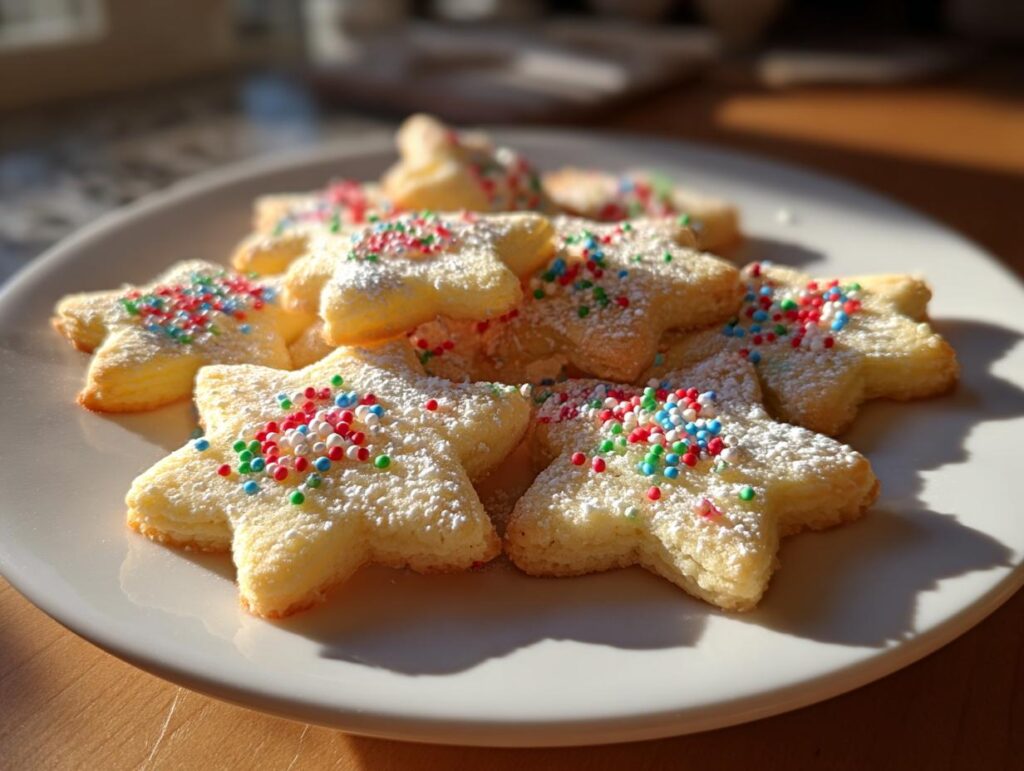 Galletas de navidad fáciles en forma de estrella con azúcar glas y chispas de colores en un plato blanco