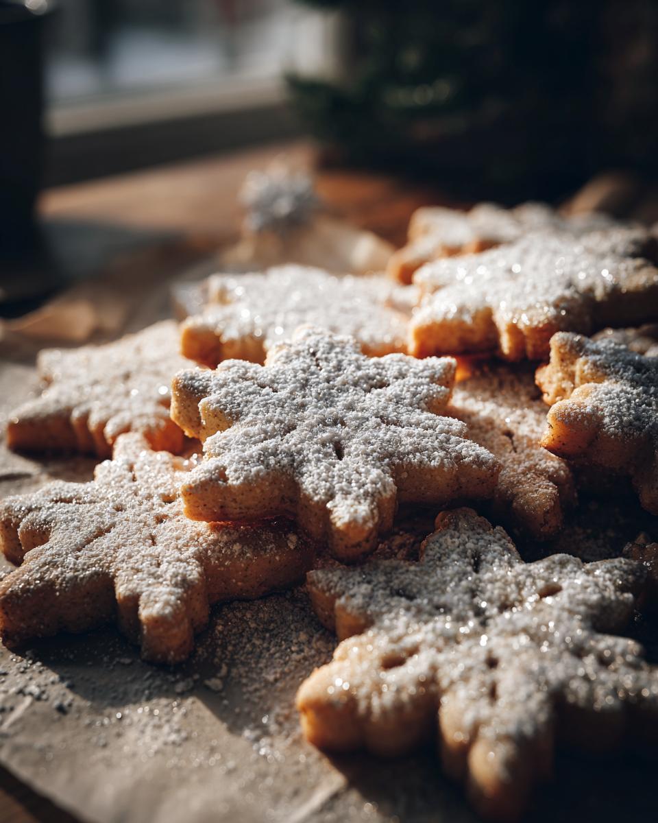 Galletas en forma de copos de nieve espolvoreadas con azúcar glas en una mesa rústica.