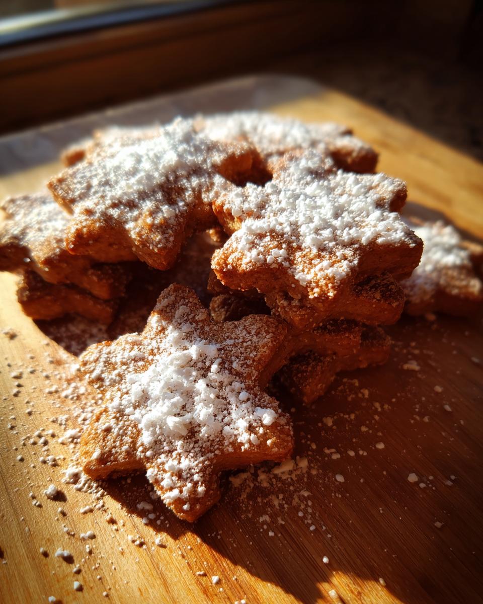Galletas en forma de estrella espolvoreadas con azúcar glas sobre tabla de madera.