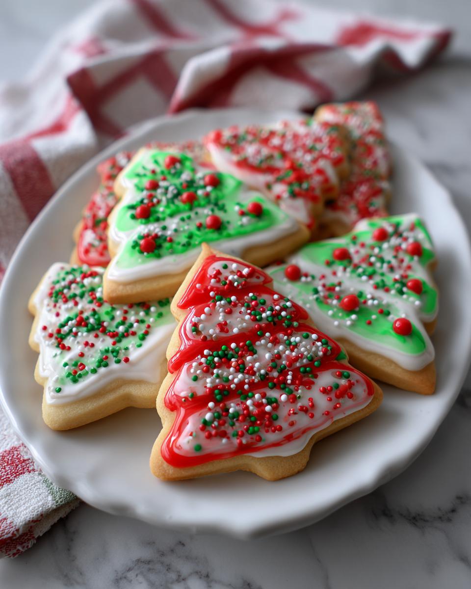 Galletas navideñas fáciles con glaseado verde, blanco y rojo en forma de árbol de Navidad adornadas con chispas.