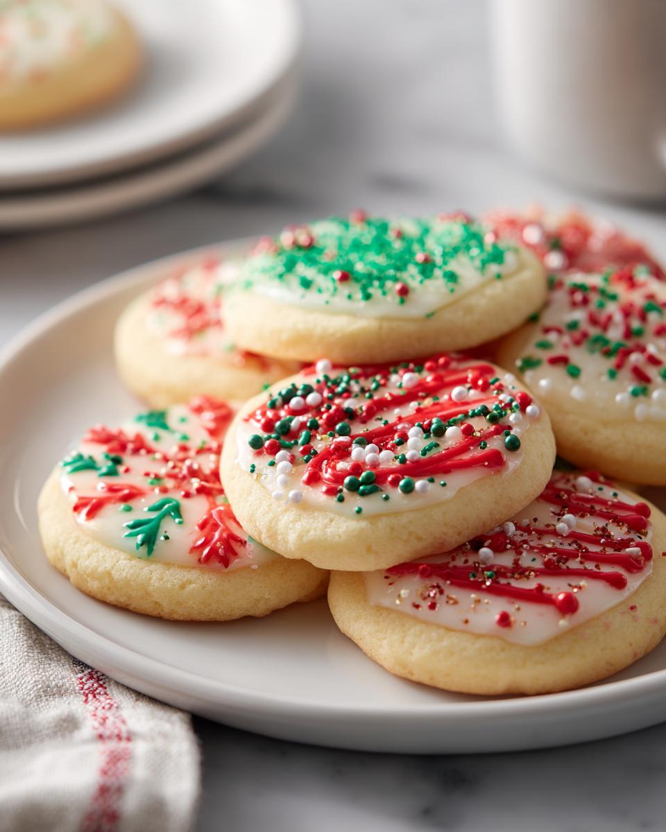 Plato con galletas navideñas fáciles decoradas con glaseado blanco y chispas rojas, verdes y blancas.