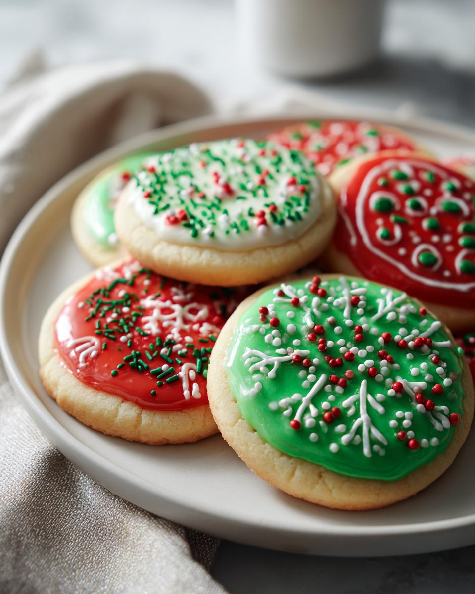 Galletas navideñas fáciles decoradas con glaseado rojo, verde y blanco y chispas festivas sobre un plato blanco.