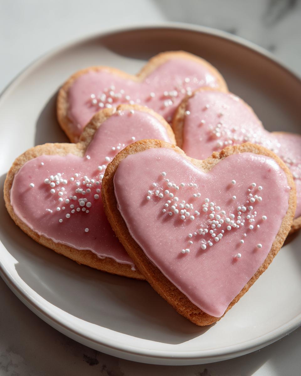 Galletas en forma de corazón con glaseado rosa y decoradas con bolitas blancas sobre un plato en una mesa