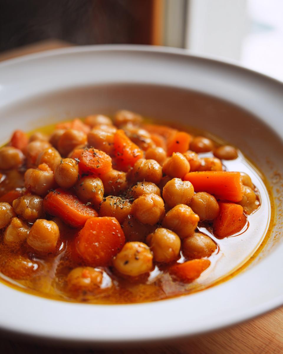 Plato de garbanzos de invierno cocidos con zanahorias en caldo especiado
