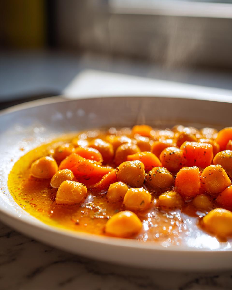 Plato con garbanzos cocidos en caldo especiado servido caliente, ideal para recetas de garbanzos de invierno.