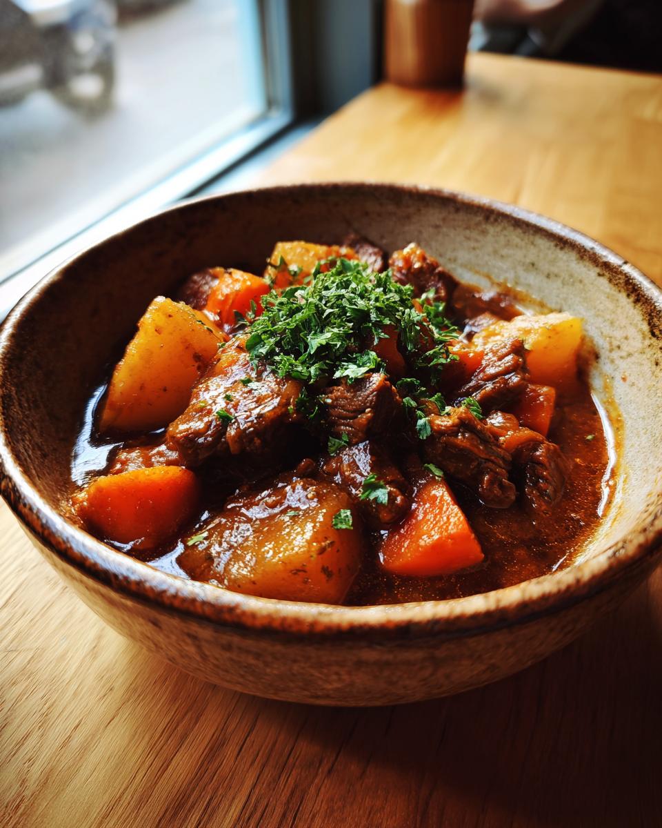 Bowl con guiso de ternera tradicional, acompañado de papas, zanahorias y perejil fresco