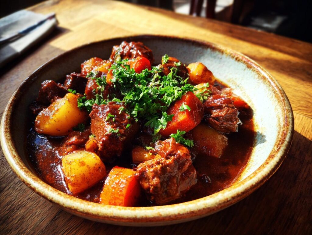 Plato de guiso de ternera tradicional con trozos de carne, zanahorias y papas, decorado con perejil.
