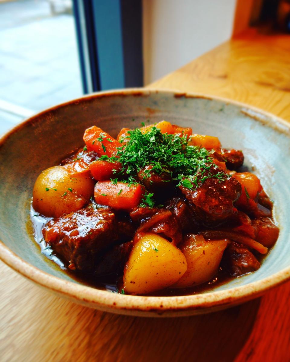 Plato hondo con guiso de ternera tradicional con zanahorias, patatas y perejil fresco