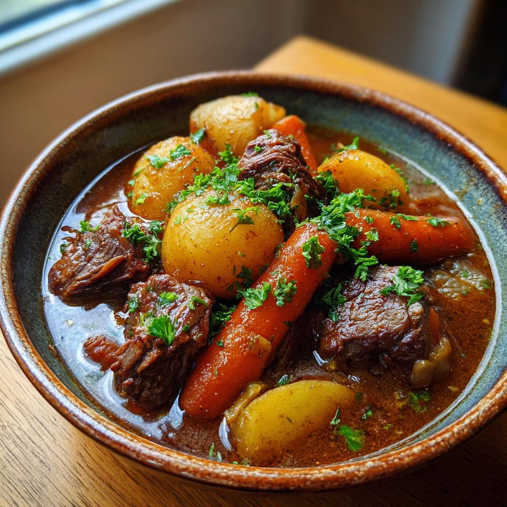 Plato hondo con guiso de ternera tradicional, patatas, zanahorias y perejil fresco
