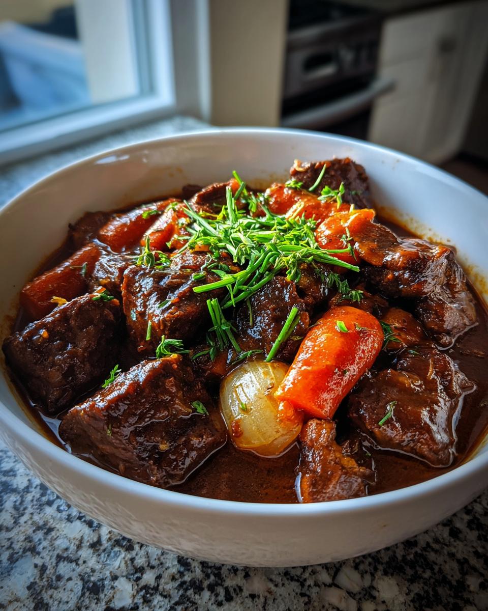 Cuenco con guisos a fuego lento caseros de carne, zanahorias, cebolla y hierbas frescas.
