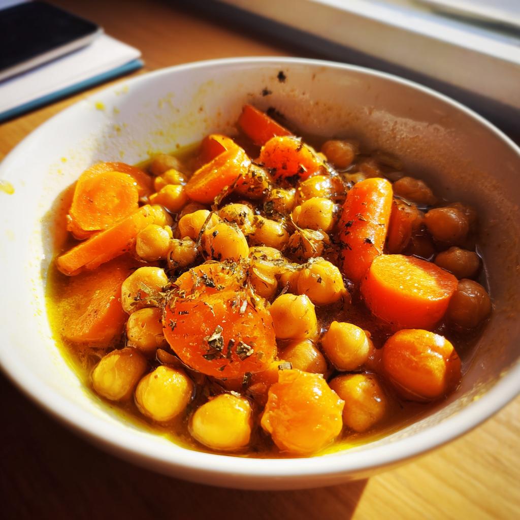 Plato hondo con guiso de garbanzos y zanahorias cocidas con especias en caldo.