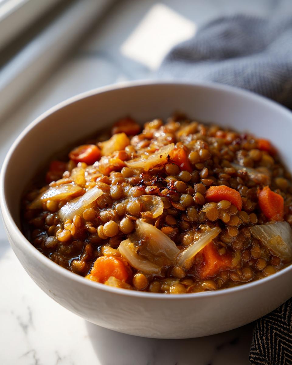 Plato blanco con guiso de lentejas, zanahorias y cebollas cocidas, ideal para batch cooking invierno recetas