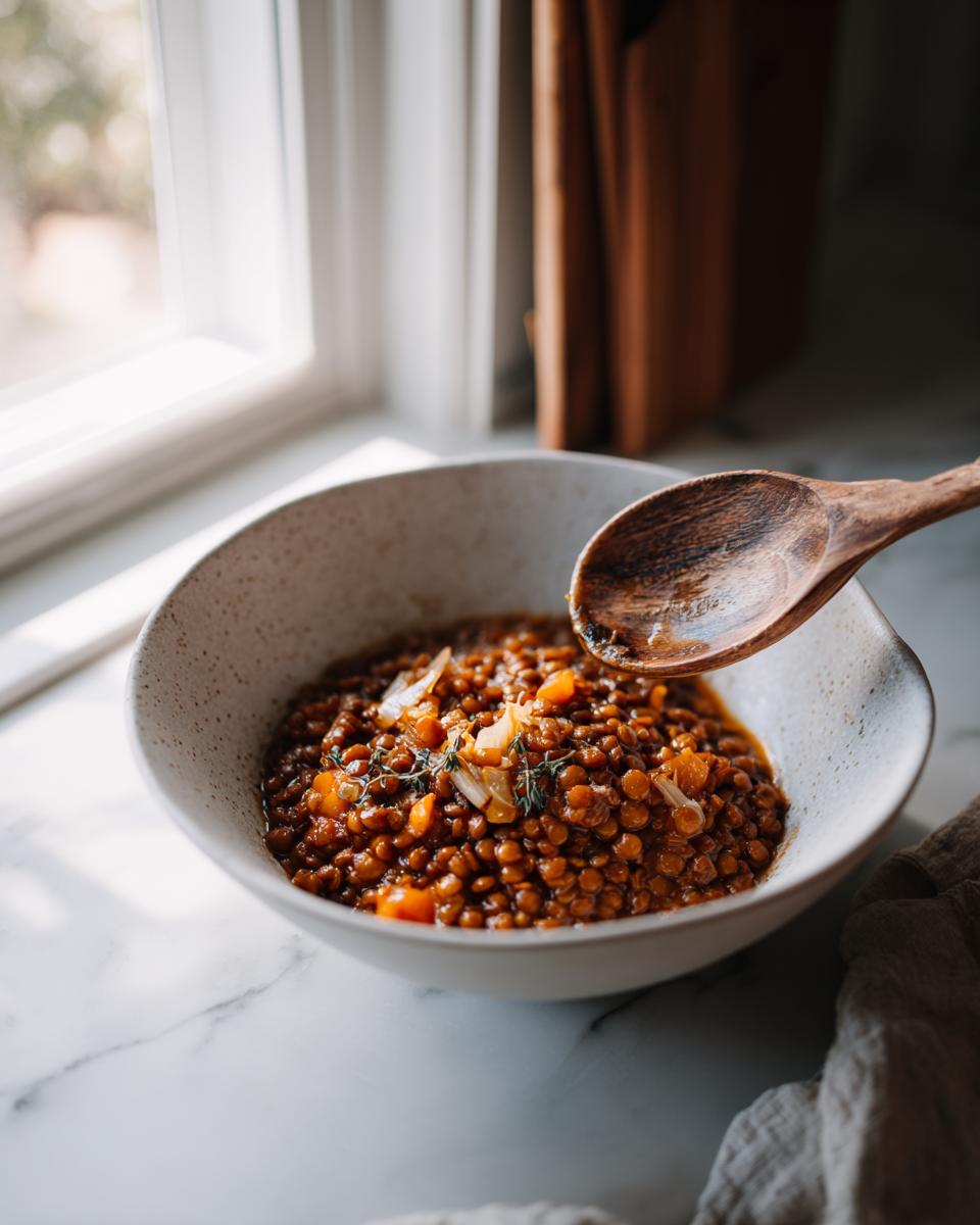 Bowl con guiso de lentejas casero acompañado de cuchara de madera cerca de ventana