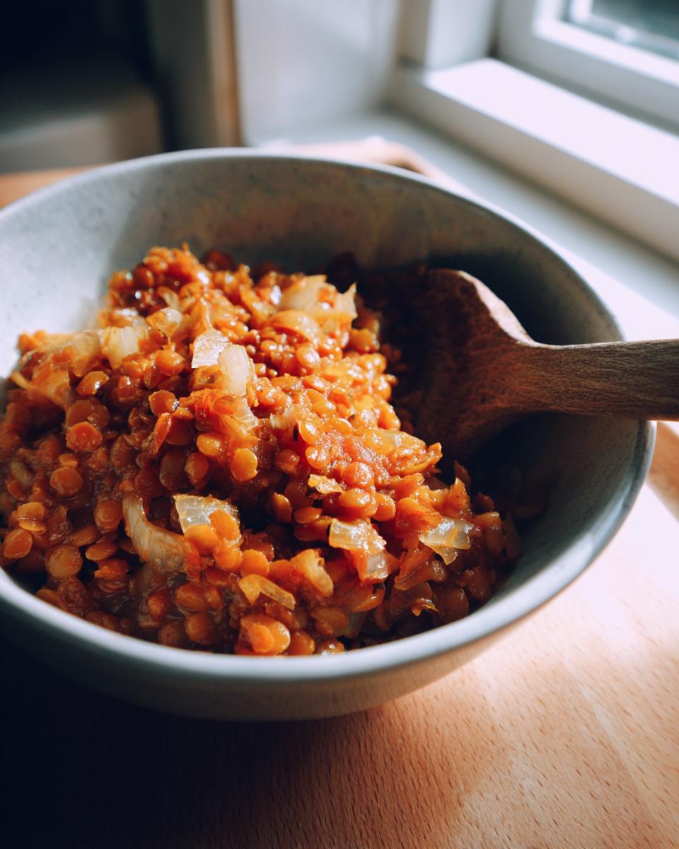 Plato de guiso de lentejas casero con cebolla en tazón gris con cuchara de madera
